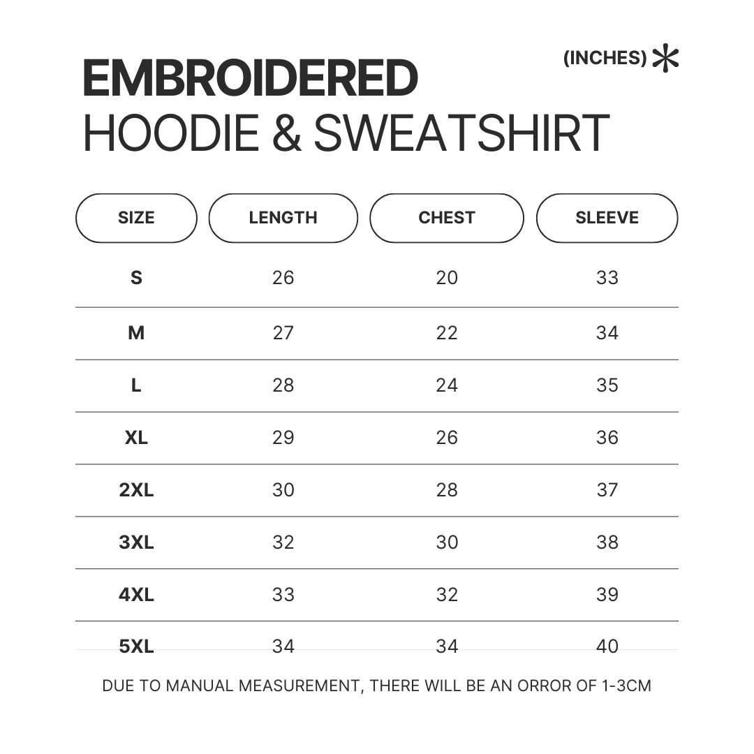 Embroidered Hoodie Sweatshirt Size Chart - Stardew Valley Store
