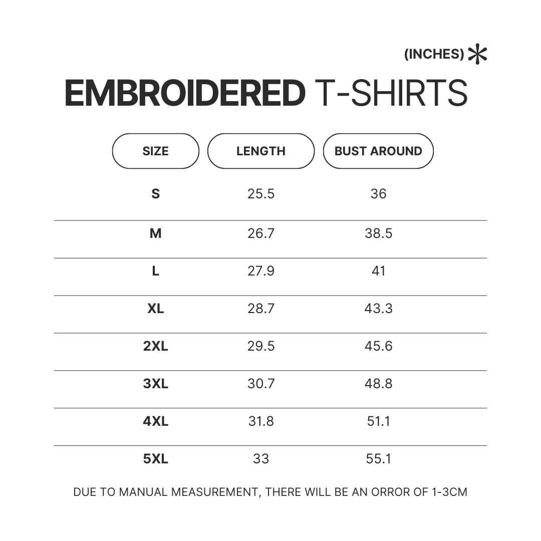 Embroidered T shirt Size Chart - Stardew Valley Store